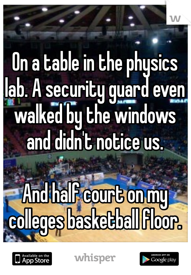 On a table in the physics lab. A security guard even walked by the windows and didn't notice us. 

And half court on my colleges basketball floor.