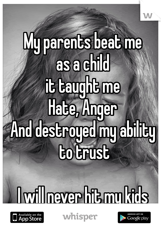 My parents beat me 
as a child
it taught me
Hate, Anger
And destroyed my ability
 to trust 

I will never hit my kids
