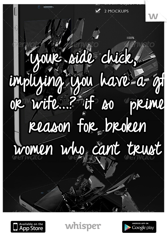 your side chick, implying you have a gf or wife...? if so  prime reason for broken women who cant trust