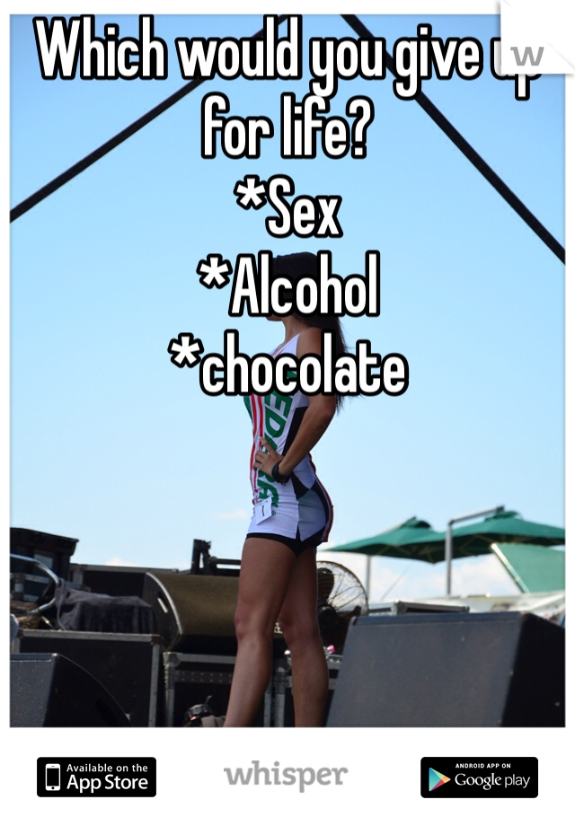 Which would you give up for life?
*Sex
*Alcohol
*chocolate

