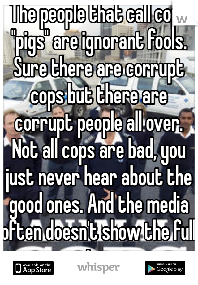 The people that call cops "pigs" are ignorant fools. Sure there are corrupt cops but there are corrupt people all over. Not all cops are bad, you just never hear about the good ones. And the media often doesn't show the full story
