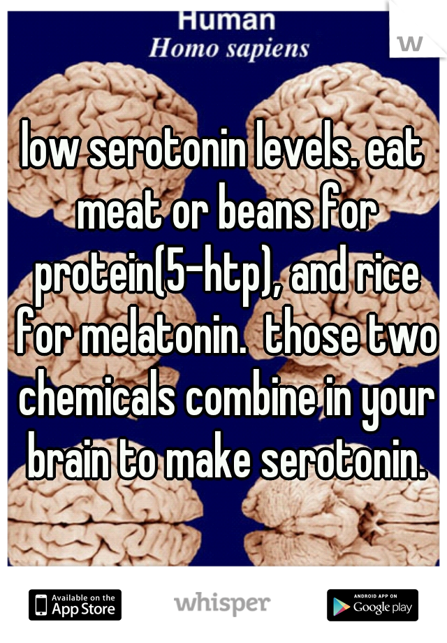 low serotonin levels. eat meat or beans for protein(5-htp), and rice for melatonin.  those two chemicals combine in your brain to make serotonin.