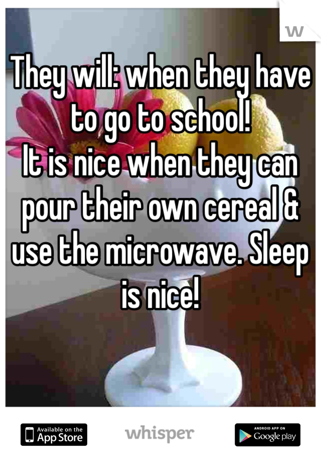 They will: when they have to go to school!
It is nice when they can pour their own cereal & use the microwave. Sleep is nice!