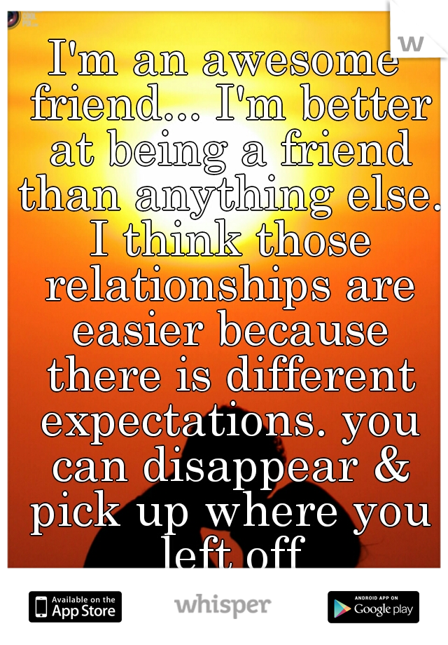 I'm an awesome friend... I'm better at being a friend than anything else. I think those relationships are easier because there is different expectations. you can disappear & pick up where you left off
