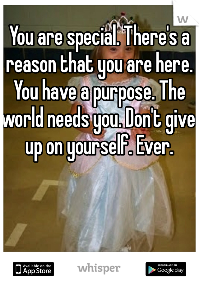 You are special. There's a reason that you are here. You have a purpose. The world needs you. Don't give up on yourself. Ever.