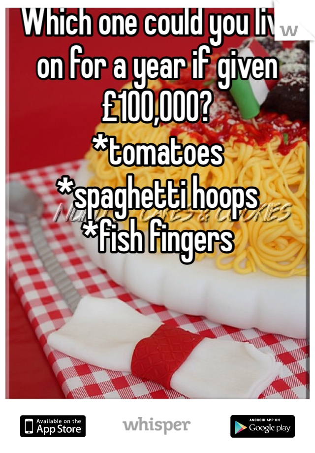Which one could you live on for a year if given £100,000?
*tomatoes
*spaghetti hoops
*fish fingers