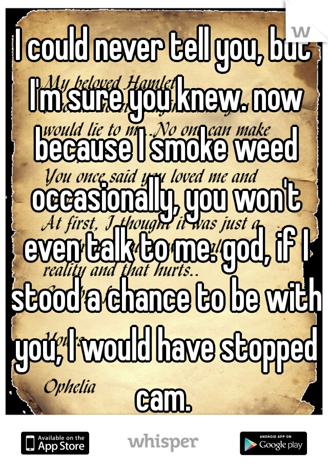 I could never tell you, but I'm sure you knew. now because I smoke weed occasionally, you won't even talk to me. god, if I stood a chance to be with you, I would have stopped cam. 