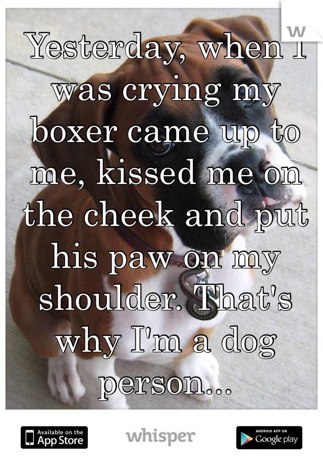 Yesterday, when I was crying my boxer came up to me, kissed me on the cheek and put his paw on my shoulder. That's why I'm a dog person...