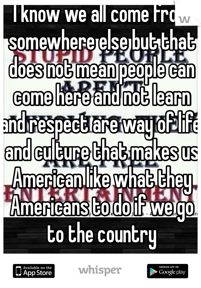 I know we all come from somewhere else but that does not mean people can come here and not learn and respect are way of life and culture that makes us American like what they Americans to do if we go to the country 