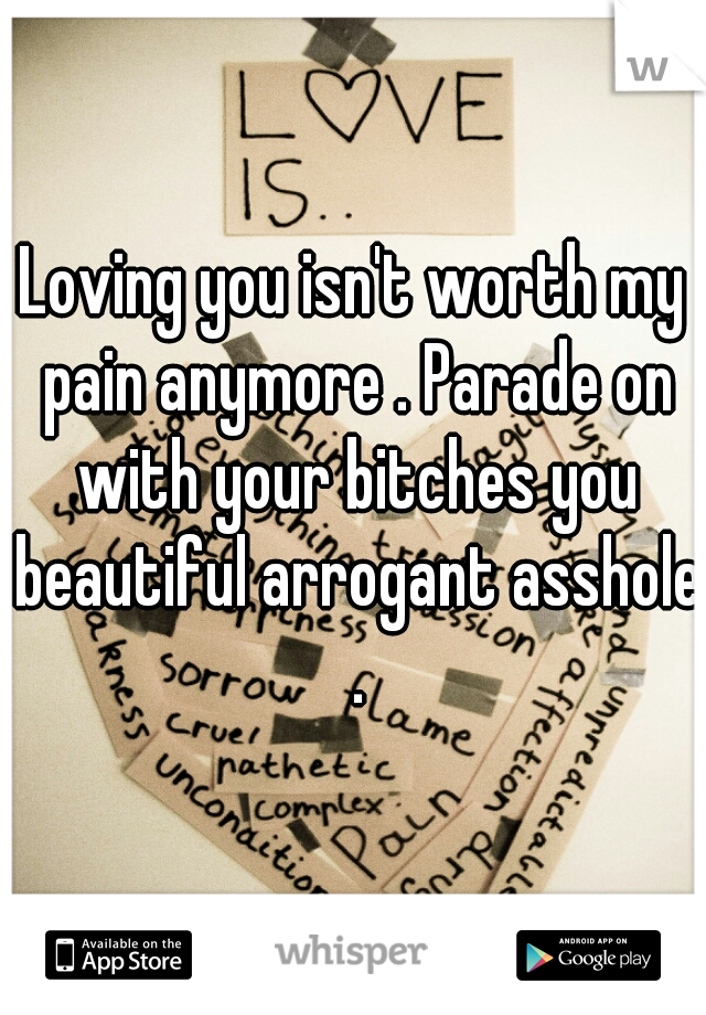 Loving you isn't worth my pain anymore . Parade on with your bitches you beautiful arrogant asshole .