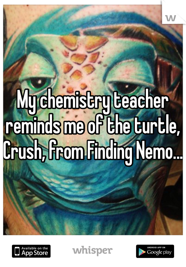 My chemistry teacher reminds me of the turtle, Crush, from Finding Nemo...