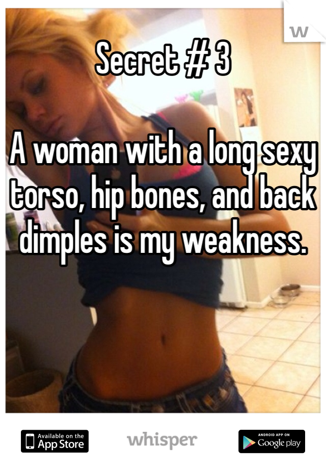 Secret # 3

A woman with a long sexy torso, hip bones, and back dimples is my weakness. 