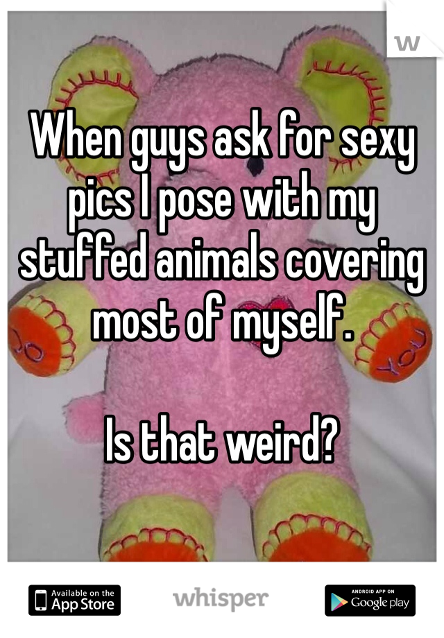 When guys ask for sexy pics I pose with my stuffed animals covering most of myself. 

Is that weird?