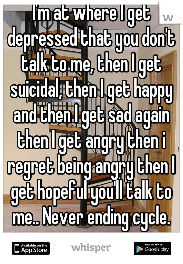 I'm at where I get depressed that you don't talk to me, then I get suicidal, then I get happy and then I get sad again then I get angry then i regret being angry then I get hopeful you'll talk to me.. Never ending cycle.