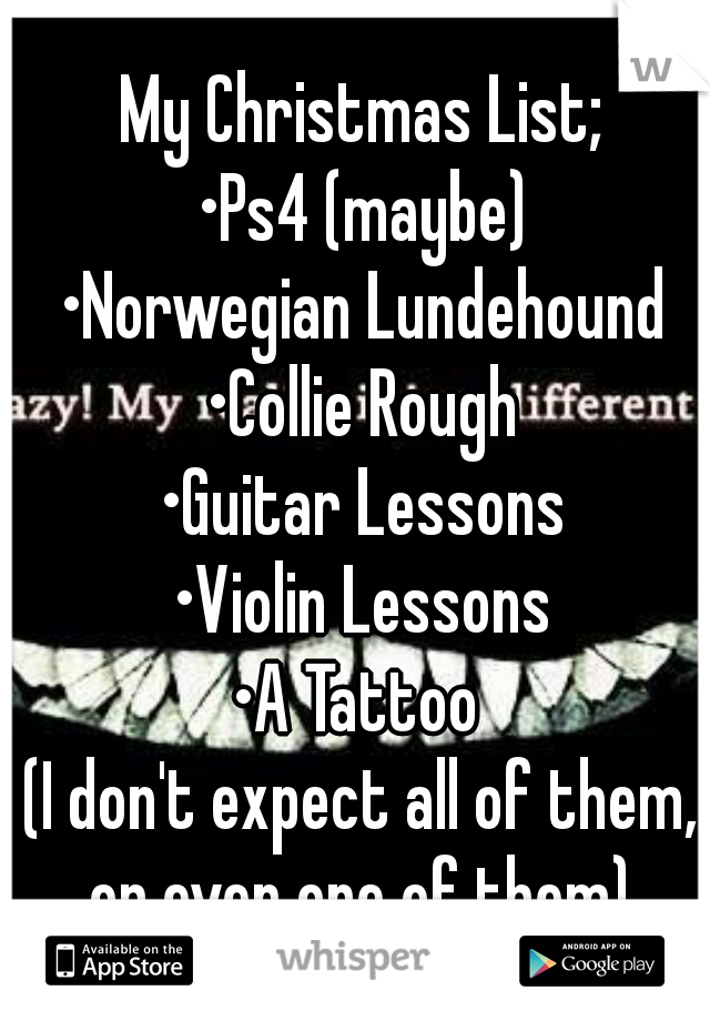 My Christmas List;

•Ps4 (maybe)
•Norwegian Lundehound
•Collie Rough
•Guitar Lessons
•Violin Lessons
•A Tattoo 
(I don't expect all of them, or even one of them) 