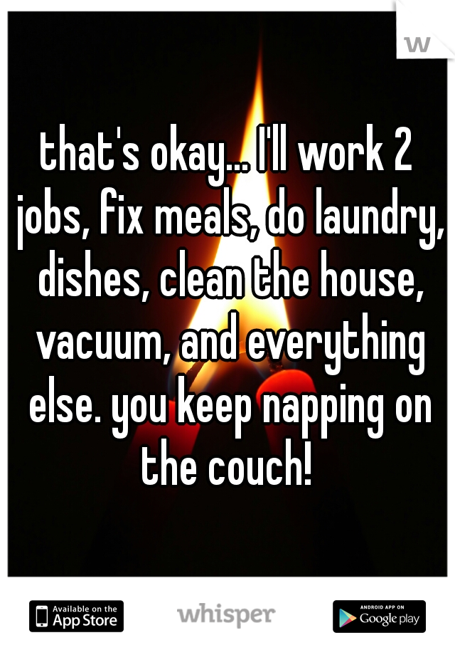 that's okay... I'll work 2 jobs, fix meals, do laundry, dishes, clean the house, vacuum, and everything else. you keep napping on the couch! 