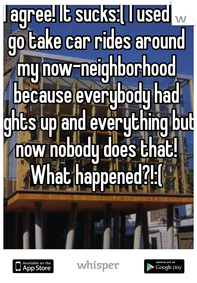 I agree! It sucks:( I used to go take car rides around my now-neighborhood because everybody had lights up and everything but now nobody does that! What happened?!:(