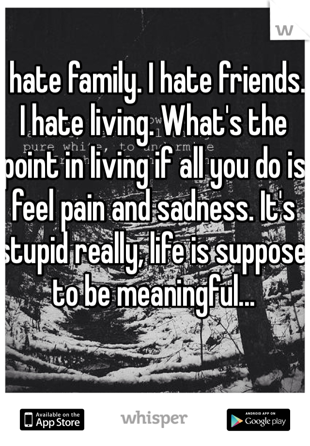 I hate family. I hate friends. I hate living. What's the point in living if all you do is feel pain and sadness. It's stupid really, life is suppose to be meaningful...