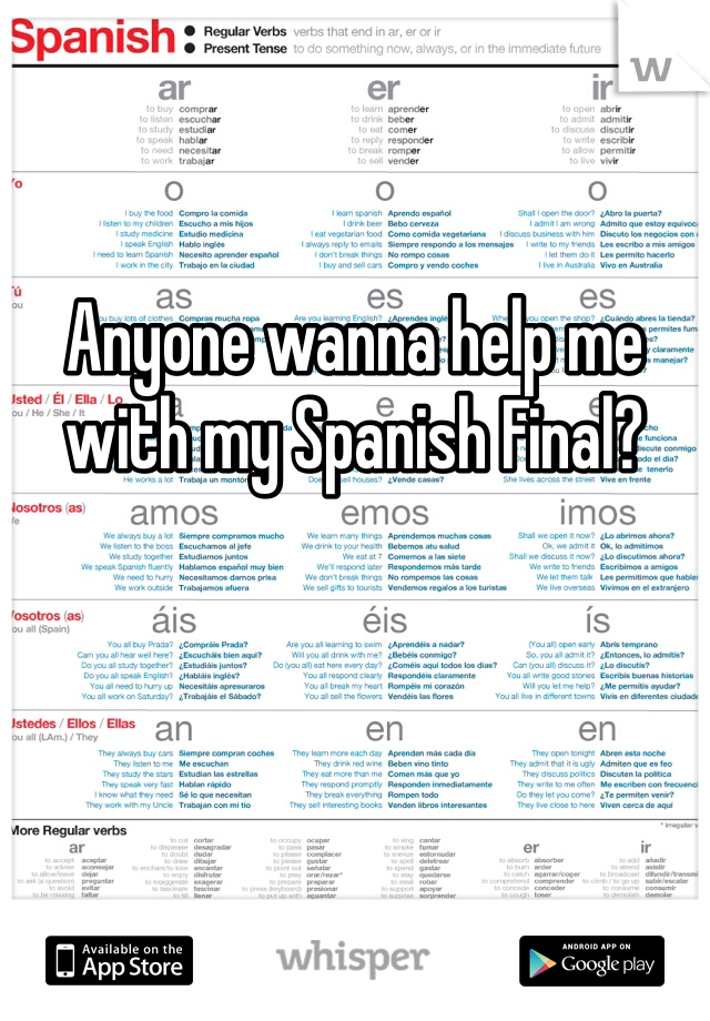 Anyone wanna help me with my Spanish Final?