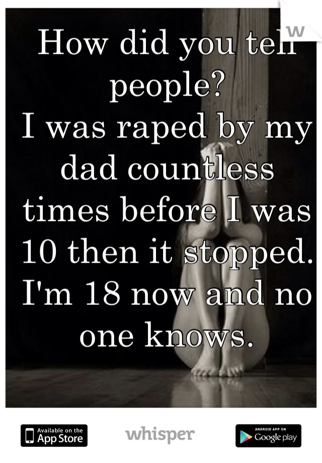 How did you tell people?
I was raped by my dad countless times before I was 10 then it stopped.
I'm 18 now and no one knows.