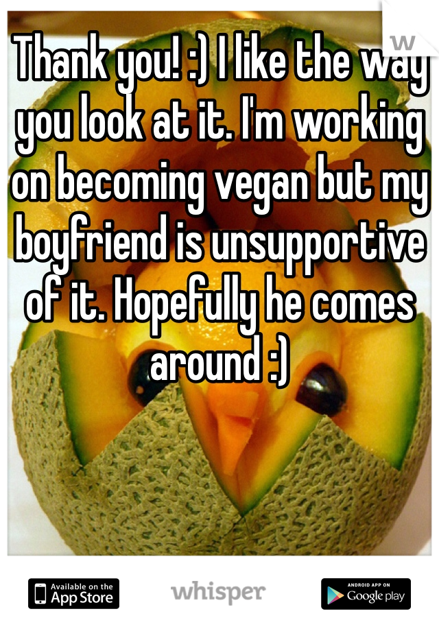 Thank you! :) I like the way you look at it. I'm working on becoming vegan but my boyfriend is unsupportive of it. Hopefully he comes around :) 