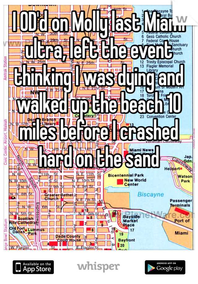 I OD'd on Molly last Miami ultra, left the event thinking I was dying and walked up the beach 10 miles before I crashed hard on the sand 