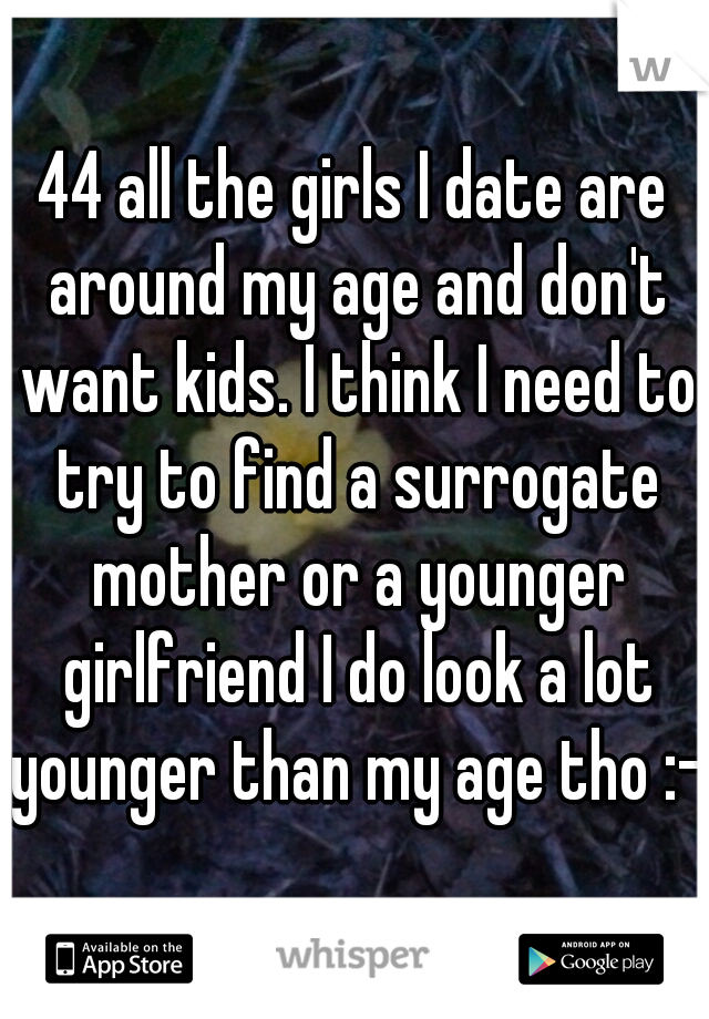 44 all the girls I date are around my age and don't want kids. I think I need to try to find a surrogate mother or a younger girlfriend I do look a lot younger than my age tho :-)