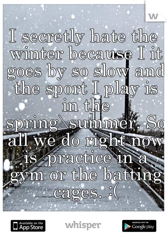 I secretly hate the winter because I it goes by so slow and the sport I play is in the spring\summer. So all we do right now is  practice in a gym or the batting cages. :(