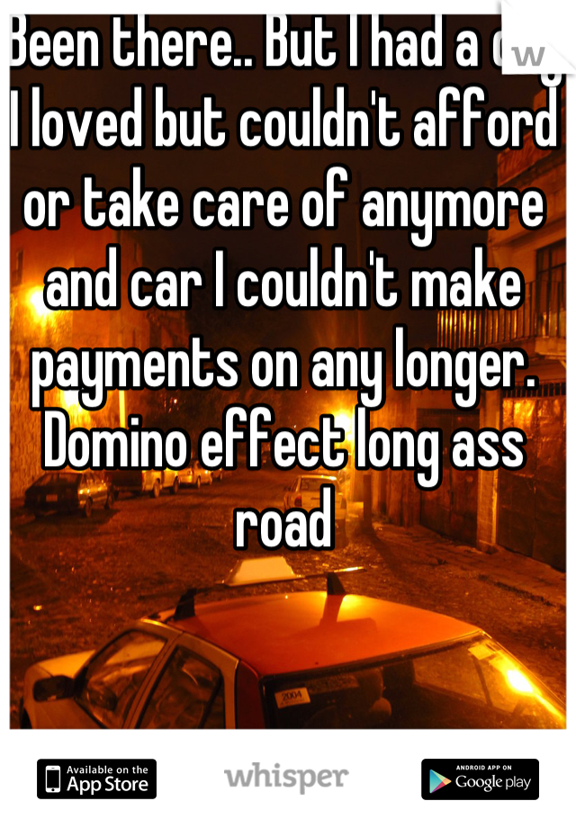 Been there.. But I had a dog I loved but couldn't afford or take care of anymore and car I couldn't make payments on any longer.  Domino effect long ass road