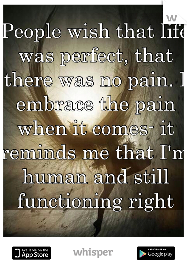People wish that life was perfect, that there was no pain. I embrace the pain when it comes- it reminds me that I'm human and still functioning right