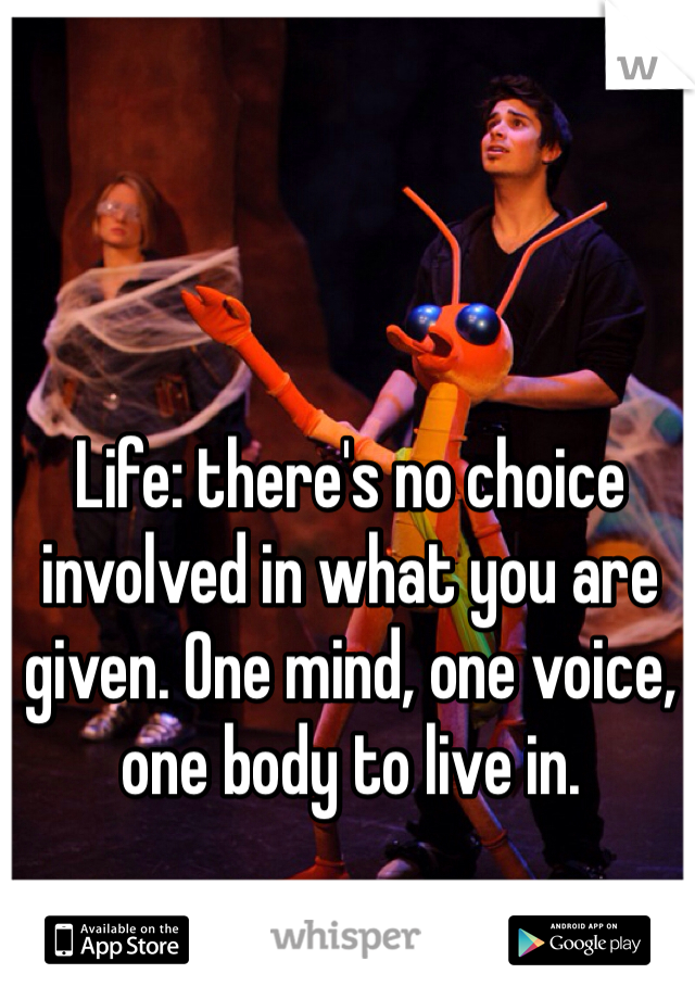 Life: there's no choice involved in what you are given. One mind, one voice, one body to live in. 
