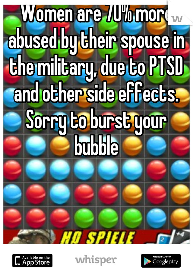 Women are 70% more abused by their spouse in the military, due to PTSD and other side effects.    Sorry to burst your bubble