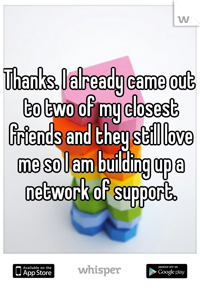 Thanks. I already came out to two of my closest friends and they still love me so I am building up a network of support.