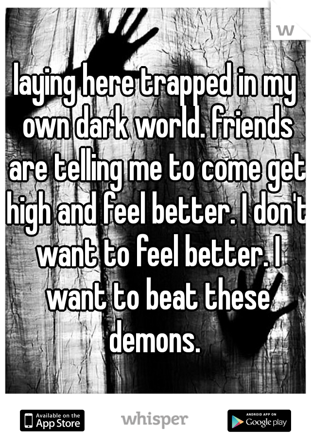 laying here trapped in my own dark world. friends are telling me to come get high and feel better. I don't want to feel better. I want to beat these demons. 