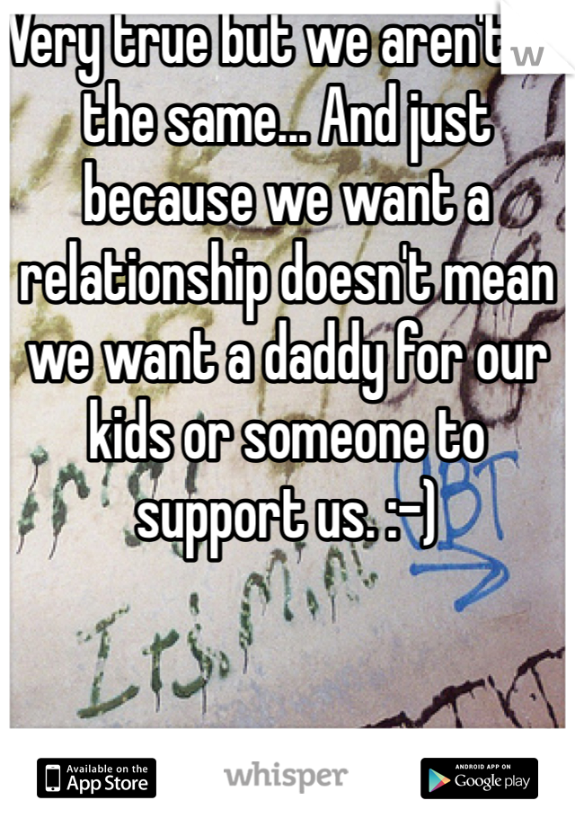 Very true but we aren't all the same... And just because we want a relationship doesn't mean we want a daddy for our kids or someone to support us. :-)