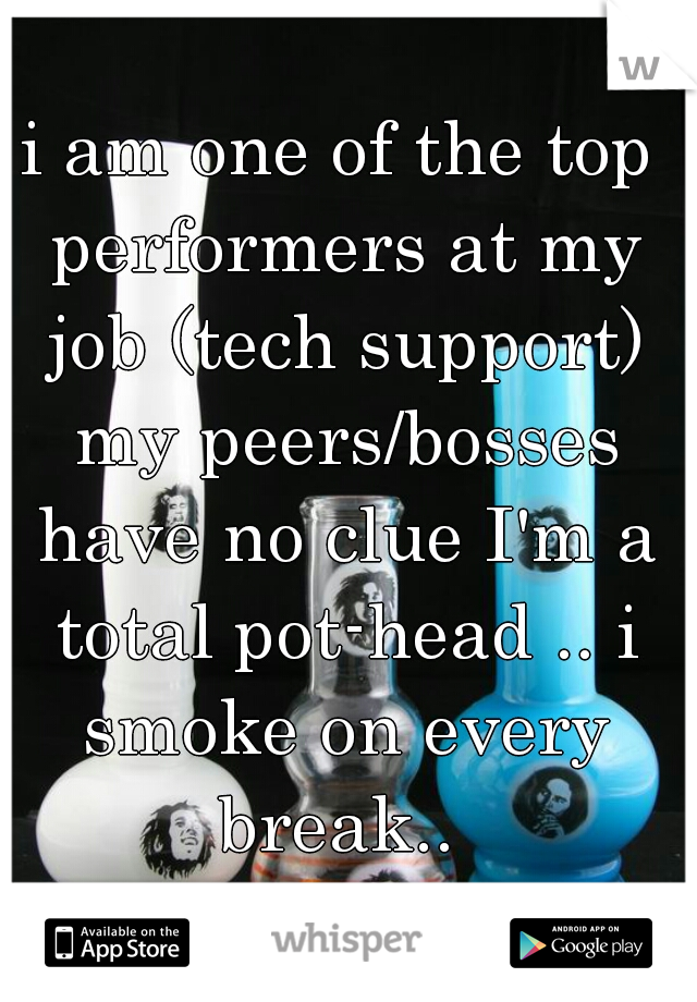 i am one of the top performers at my job (tech support) my peers/bosses have no clue I'm a total pot-head .. i smoke on every break.. 