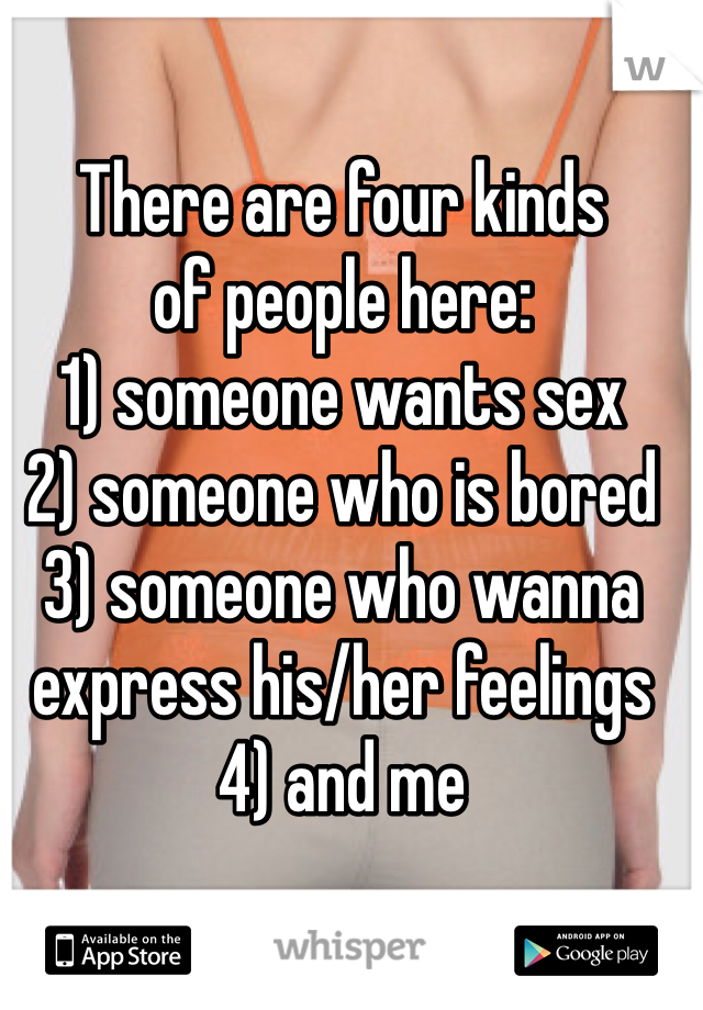 There are four kinds
of people here:
1) someone wants sex
2) someone who is bored
3) someone who wanna express his/her feelings
4) and me