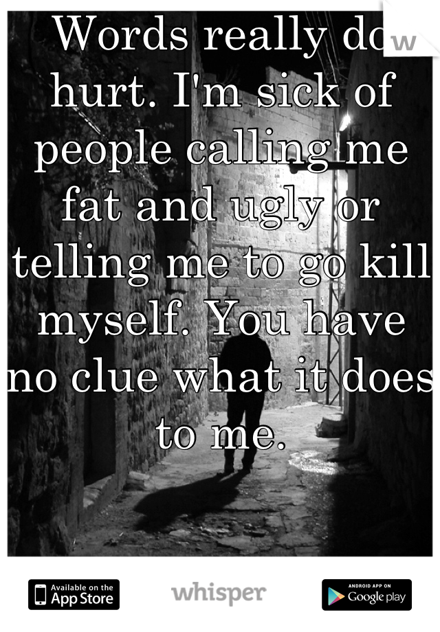 Words really do hurt. I'm sick of people calling me fat and ugly or telling me to go kill myself. You have no clue what it does to me.