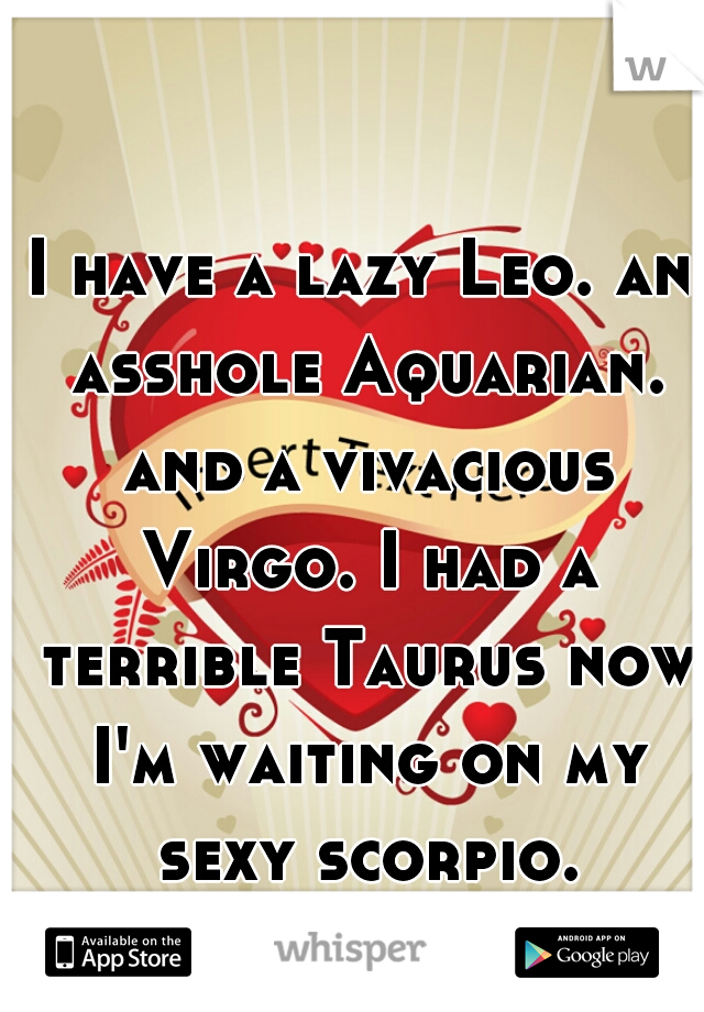 I have a lazy Leo. an asshole Aquarian. and a vivacious Virgo. I had a terrible Taurus now I'm waiting on my sexy scorpio.