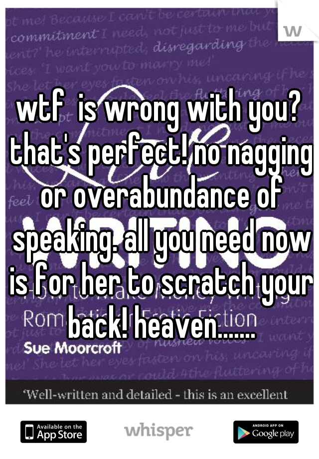 wtf  is wrong with you? that's perfect! no nagging or overabundance of speaking. all you need now is for her to scratch your back! heaven.......