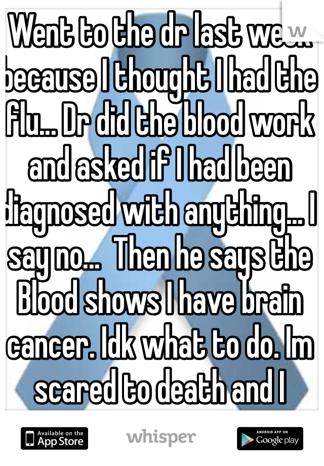 Went to the dr last week because I thought I had the flu... Dr did the blood work and asked if I had been diagnosed with anything... I say no...  Then he says the Blood shows I have brain cancer. Idk what to do. Im scared to death and I haven't told anyone. 
