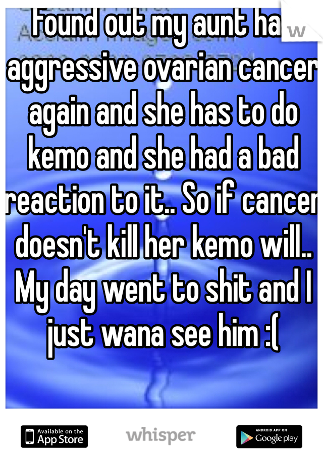 Found out my aunt has aggressive ovarian cancer again and she has to do kemo and she had a bad reaction to it.. So if cancer doesn't kill her kemo will.. My day went to shit and I just wana see him :(
