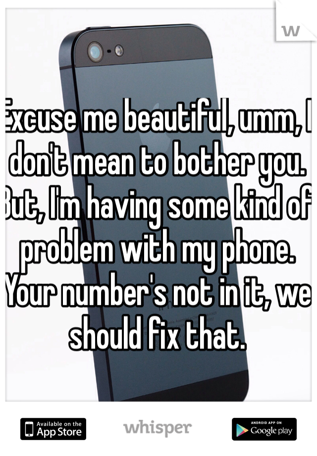 Excuse me beautiful, umm, I don't mean to bother you. But, I'm having some kind of problem with my phone. Your number's not in it, we should fix that. 