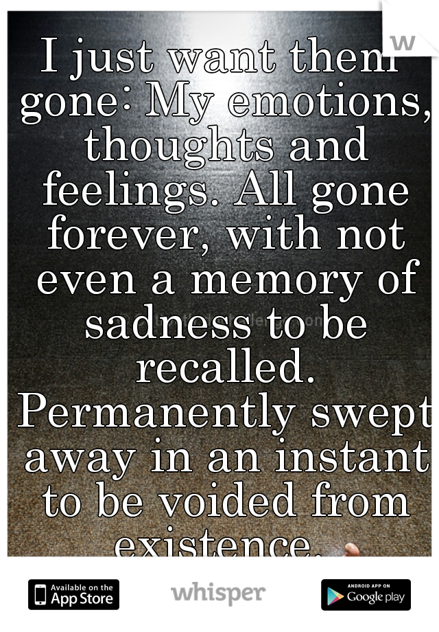 I just want them gone: My emotions, thoughts and feelings. All gone forever, with not even a memory of sadness to be recalled. Permanently swept away in an instant to be voided from existence. 