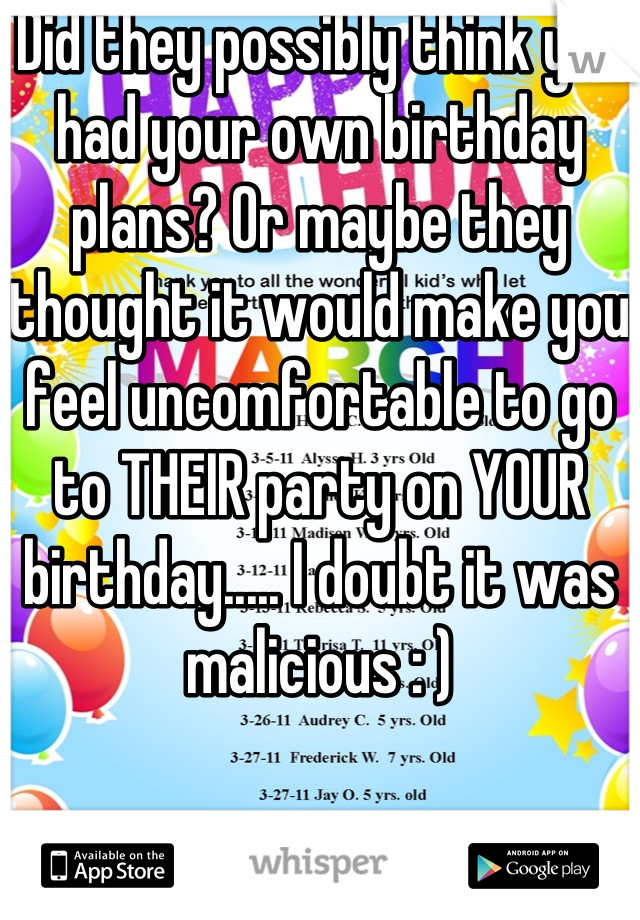 Did they possibly think you had your own birthday plans? Or maybe they thought it would make you feel uncomfortable to go to THEIR party on YOUR birthday..... I doubt it was malicious : )