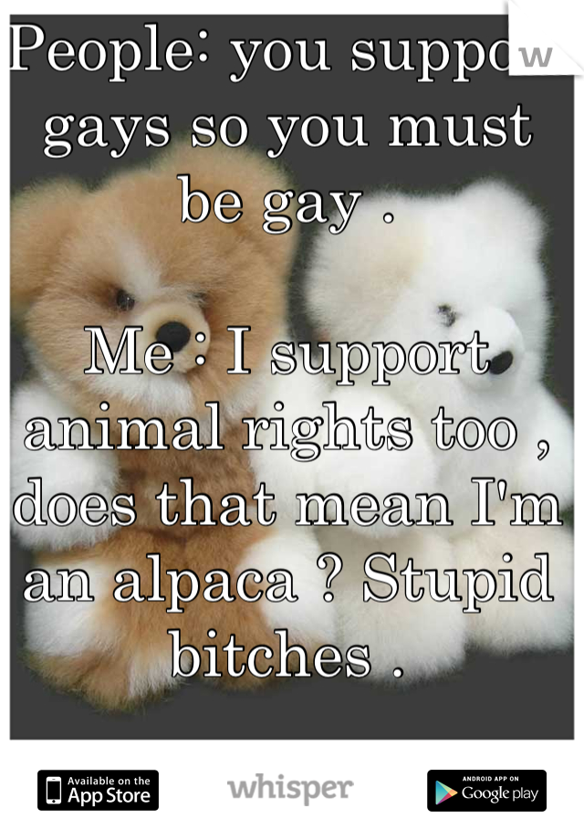 People: you support gays so you must be gay .

Me : I support animal rights too , does that mean I'm an alpaca ? Stupid bitches .