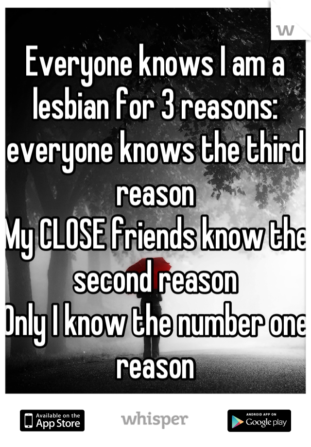 Everyone knows I am a lesbian for 3 reasons: 
everyone knows the third reason
My CLOSE friends know the second reason
Only I know the number one reason
