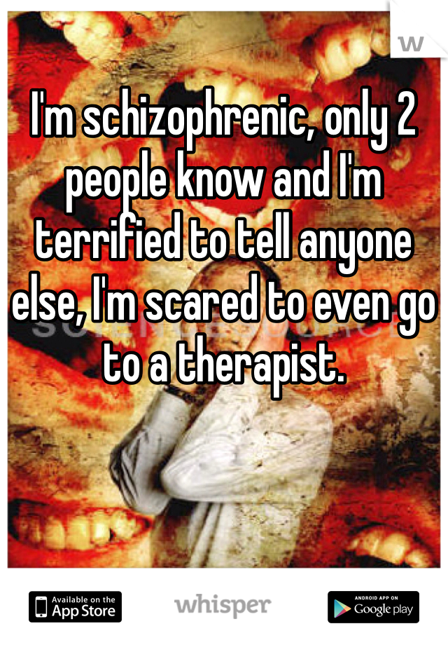 I'm schizophrenic, only 2 people know and I'm terrified to tell anyone else, I'm scared to even go to a therapist. 