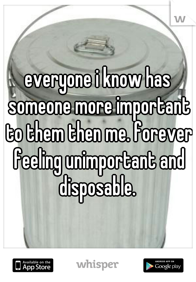 everyone i know has someone more important to them then me. forever feeling unimportant and disposable. 
