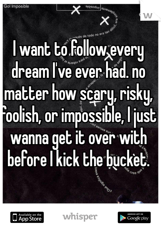 I want to follow every dream I've ever had. no matter how scary, risky, foolish, or impossible, I just wanna get it over with before I kick the bucket.